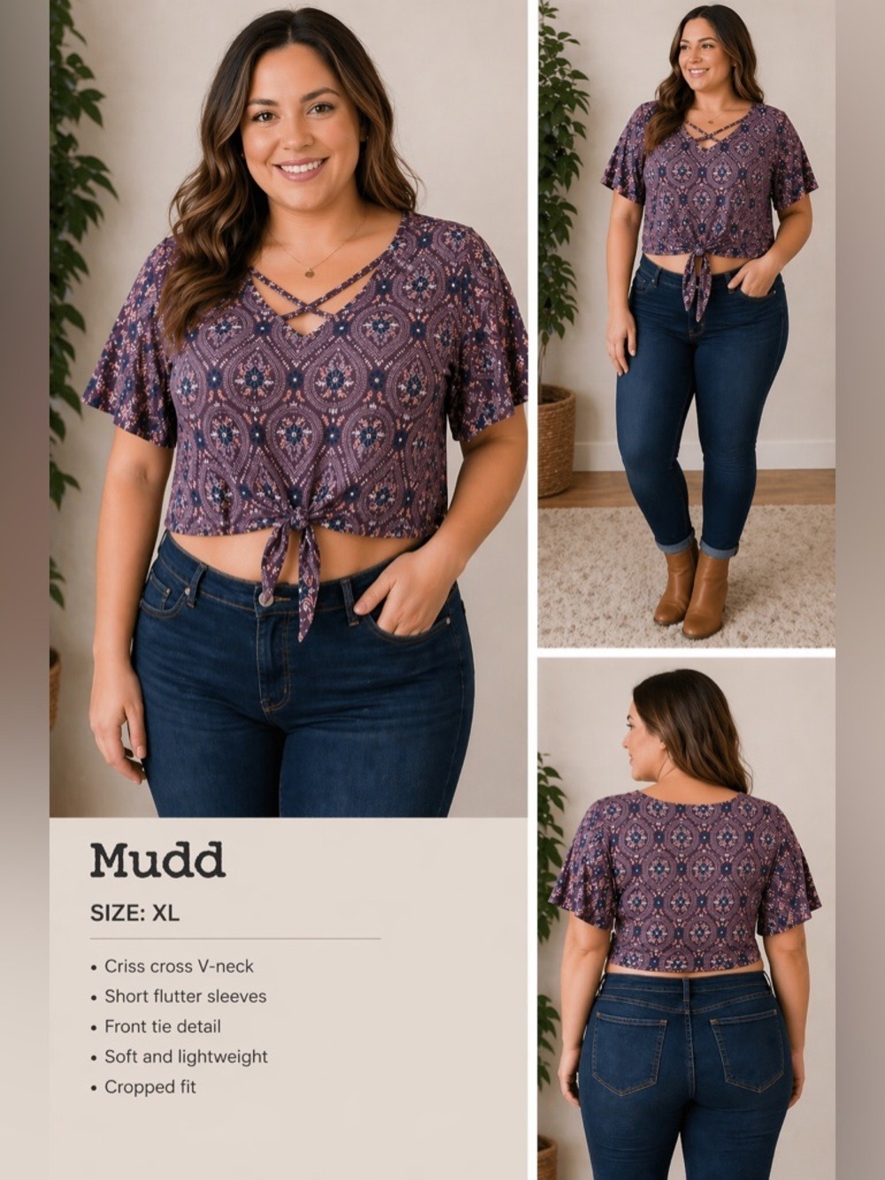 Mudd purple Boho Print Cropped Top Size XL